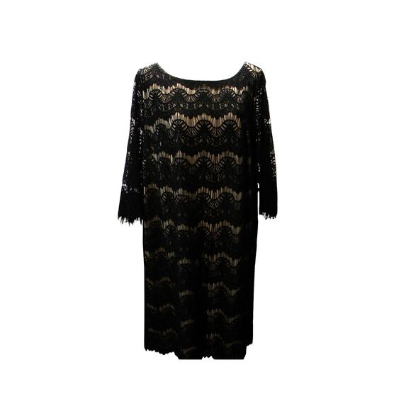 Jessica Howard Black Lace Overlay Sheath Dress Nude Lining 3/4 Sleeve 18W Event - Picture 2 of 7